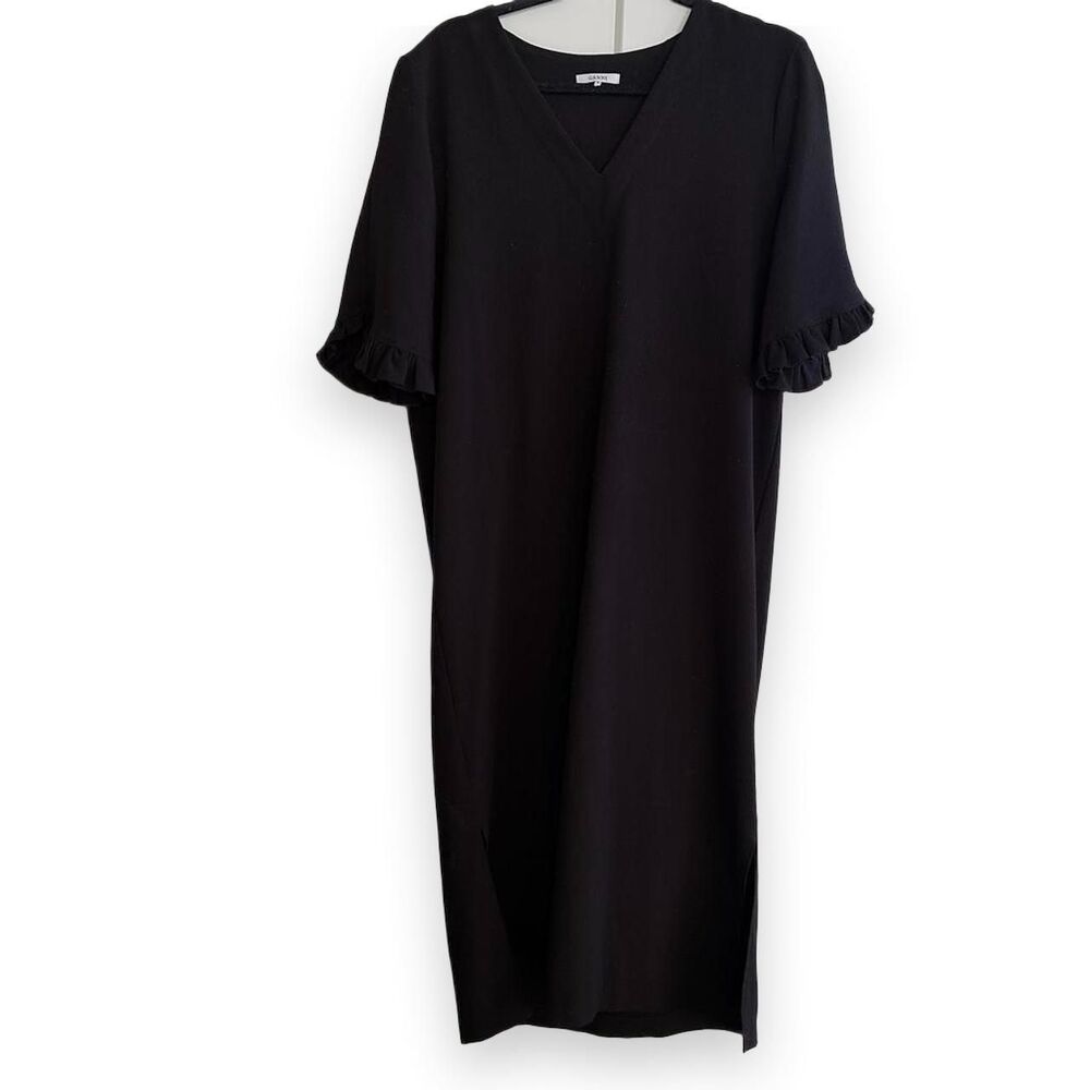 Vintage GANNI Black Ruffle Sleeve V-Neck Shift Dress